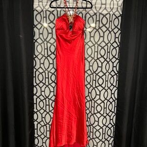 Red Halter-Style Prom Gown with Embellished Neckline